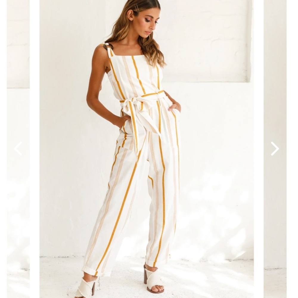 Selfie Leslie Straight Leg Jumpsuit Stripe Print Mustard in size M